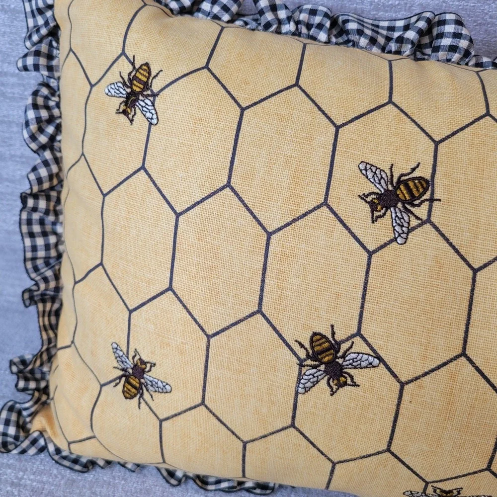 Farmhouse Embroidered Bee Honeycomb Lumbar Throw Pillow Black Gingham Ruffle